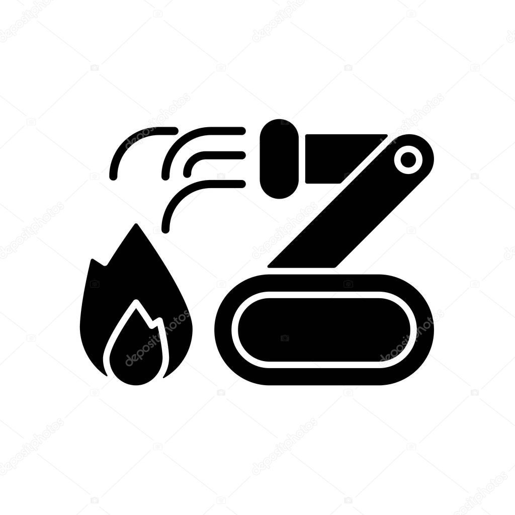 Firefighter robots black glyph icon. Providing fire suppression. Remote control by firefighter. Conducting rescue. Lives protection. Silhouette symbol on white space. Vector isolated illustration