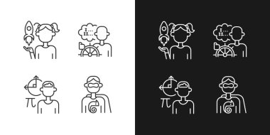 Çocukların karanlık ve aydınlık moduna göre dizilmiş doğrusal simgeleri var. Kişisel gelişim. İnce çizgili sembol demetleri. Özelleştirilebilir ince çizgi sembolleri. İzole vektör çizimi çizimleri. Düzenlenebilir vuruş