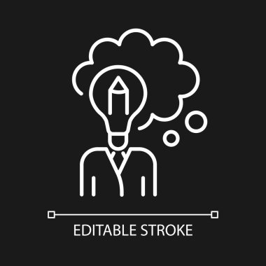 Karanlık tema için beyaz doğrusal simge tasarla. Hayal gücü ve ilham. Analiz, değerlendirme. İnce çizgi özelleştirilebilir illüstrasyon. Gece modu için izole vektör kontur sembolü. Düzenlenebilir vuruş