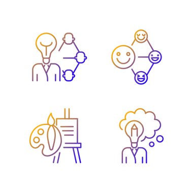 Yaratıcı ve profesyonel yetenekler doğrusal vektör simgeleri ayarlandı. İletişim yeteneği. Liderlik ve etki yeteneği. İnce çizgili sembol demetleri. İzole edilmiş taslak illüstrasyon koleksiyonu