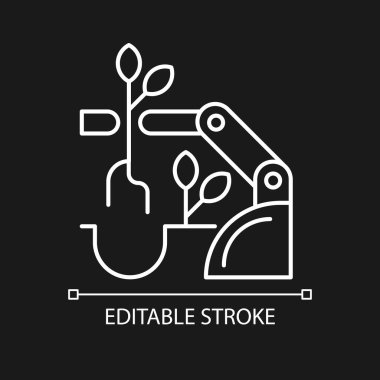 Karanlık tema için beyaz doğrusal simge yerleştiren robotlar. Tarım üretimi. Otomatik hasat. İnce çizgi özelleştirilebilir illüstrasyon. Gece modu için izole vektör kontur sembolü. Düzenlenebilir vuruş
