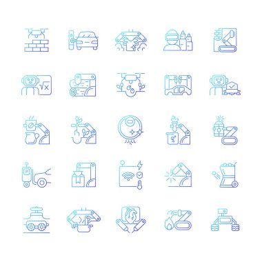 Otomasyon gradyan doğrusal vektör simgeleri ayarlandı. Gelişmiş üretim. Günlük hayatı geliştir. Robot eller kullanarak. İnce çizgili sembol demetleri. İzole edilmiş taslak illüstrasyon koleksiyonu
