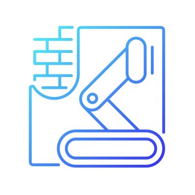 Betondaki robotlar gradyan doğrusal vektör simgesi üzerinde çalışırlar. İnşaatta özerk ekipman var. İşlemi hızlandırıyorum. İnce çizgi renk sembolü. Modern tarz pictogram. Vektör izole çizimi