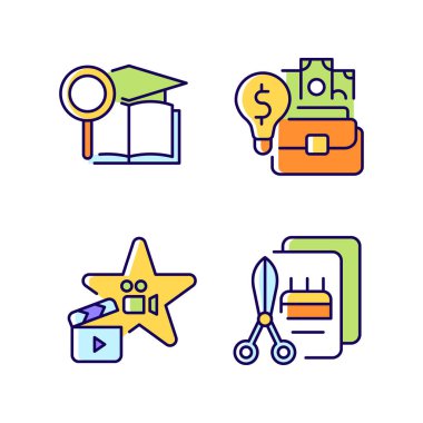 Olağanüstü yetenek RGB renk simgeleri ayarlandı. Yetenekli aktör ve zanaatkar. Akademik araştırmacı. Yetenekli iş adamı. İzole vektör çizimleri. Basit çizgi çizimleri koleksiyonu