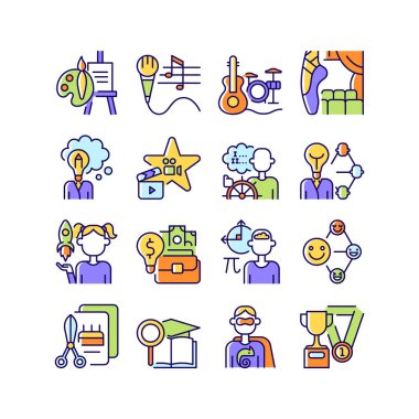 Yetenekler ve yetenekler RGB renk simgeleri belirlendi. Yetenek ve zeka. Yaratıcı ve profesyonel yetenekler. Meslek ve hobi. İzole vektör çizimleri. Basit çizgi çizimleri koleksiyonu