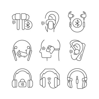Kulaklıklar doğrusal simgeler ayarlandı. Müzik uzmanlığı için profesyonel kulaklıklar. Spor aktiviteleri için kulaklık. Özelleştirilebilir ince çizgi şekilleri. İzole vektör çizimi çizimleri. Düzenlenebilir vuruş