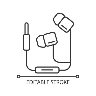 Kablolu kulaklıklar doğrusal simge. Kablolu kulaklıklar. Müzik ve aramaları dinlemek için kulaklık. İnce çizgi özelleştirilebilir illüstrasyon. Contour sembolü. Vektör izole çizim. Düzenlenebilir vuruş