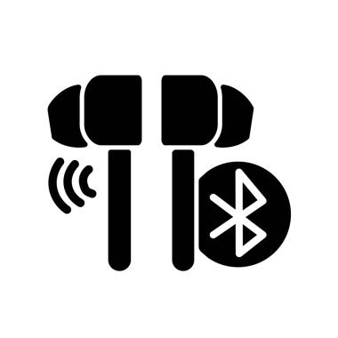 Kablosuz kulaklıkların ses geçirmez simgesi. Cihaz telefona bağlı. Müzik dinliyordum. Aktif yaşam tarzı için kulaklık. Beyaz uzayda siluet sembolü. Vektör izole illüstrasyonu