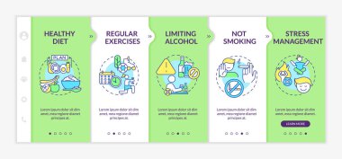 Vektör şablonunda hipertansiyon riskini azaltın. Simgeli ilgili mobil web sitesi. Web sayfasında 5 basamaklı ekranlar. Doğrusal çizimlerle alkol ve sigara rengi kavramının sınırlandırılması
