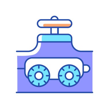 Boru denetleme robotları RGB renk simgesi. Robot sürüngen. Otomatik boru hattı denetimi. Su altı robotu. Ölçüm makinesi. Gaz sanayisi. İzole vektör çizimi. Basit doldurulmuş çizgi çizimi