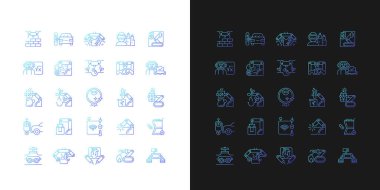 Otomasyon gradyan simgeleri karanlık ve aydınlık moduna ayarlandı. Gelişmiş üretim. Robot kollar. İnce çizgili sembol demetleri. Siyah ve beyaz üzerine izole vektör ana hatları koleksiyonu