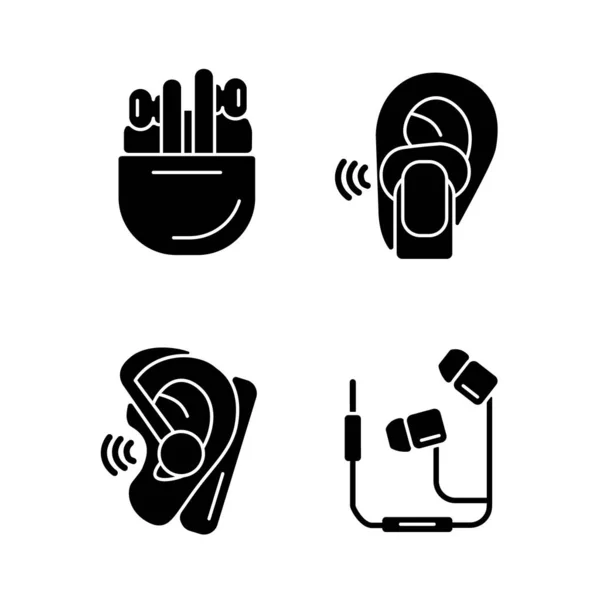 Kulaklığa Sıkıştırılmış Siyah Kabartma Simgeleri Beyaz Alana Yerleştirilmiş Müzik Dinlemek — Stok Vektör