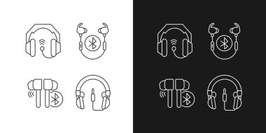 Kulaklıklarda ve kulaklıklarda karanlık ve aydınlık mod için doğrusal simgeler oluşturulmuştur. Aramalar için kablosuz kulaklık. Özelleştirilebilir ince çizgi sembolleri. İzole vektör çizimi çizimleri. Düzenlenebilir vuruş