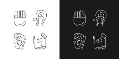 Kulaklıklarda koyu ve açık renk moduna ayarlanmış doğrusal simgelerle sıkıştırılmış. Müzik dinlemek için küçük kulaklıklar. Özelleştirilebilir ince çizgi sembolleri. İzole vektör çizimi çizimleri. Düzenlenebilir vuruş