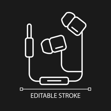 Kablolu kulaklıklar koyu renk tema için beyaz doğrusal simge. Müzik ve aramaları dinlemek için kulaklık. İnce çizgi özelleştirilebilir illüstrasyon. Gece modu için izole vektör kontur sembolü. Düzenlenebilir vuruş