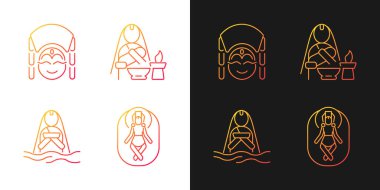 Nepal ruhani miras eğrisi simgeleri karanlık ve aydınlık moduna ayarlandı. Kumari yaşayan tanrıçası. İnce çizgili sembol demetleri. Siyah ve beyaz üzerine izole vektör ana hatları koleksiyonu