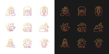 Nepal gradyan simgelerinin kültürü karanlık ve aydınlık moduna ayarlandı. Varış yeri. Deprem oldu. İnce çizgili sembol demetleri. Siyah ve beyaz üzerine izole vektör ana hatları koleksiyonu