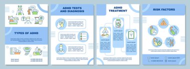 ADHD broşür türleri. Dikkat eksikliği teşhisi. Broşür, broşür, broşür baskısı, doğrusal simgelerle kaplama tasarımı. Sunum için vektör düzenleri, yıllık raporlar, reklam sayfaları