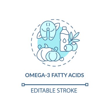 Omega 3 yağ asitleri konsepti ikonu. ADHD diyet soyut fikir ince çizgi çizimi. Sağlıklı bir vücut. Beslenme takviyeleri. Sağlık sigortası. Vektör izole edilmiş dış hat renk çizimi. Düzenlenebilir vuruş