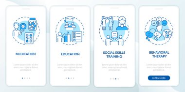 Mobil uygulama ekranında ADHD için tedavi planı. İlaç terapisi, konseptlerle birlikte dört aşamalı grafik talimatları inceliyor. UI, UX, doğrusal renk çizimleri olan GUI vektör şablonu