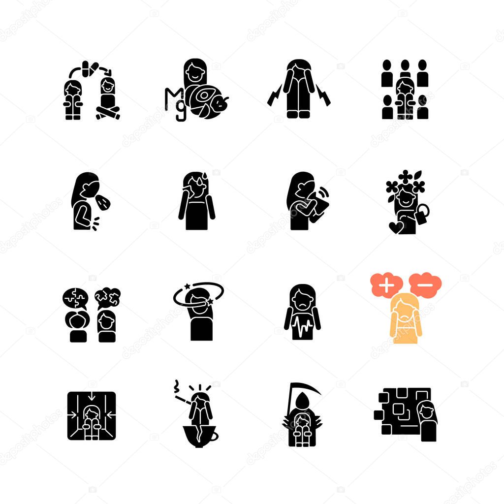 Panic disorder black glyph icons set on white space. Symptoms and treatment. Phobias and fears. Anxiety and panic attack. Mental problems. Silhouette symbols. Vector isolated illustration