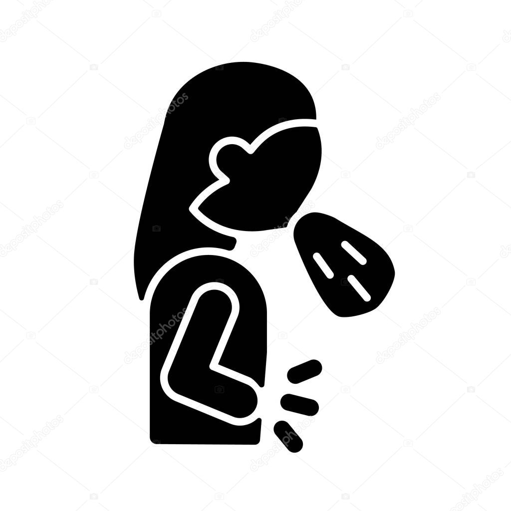 Nausea and vomiting black glyph icon. Panic attack signs. Mental disorder triggers digestive problems. Retching due to anxiety. Silhouette symbol on white space. Vector isolated illustration