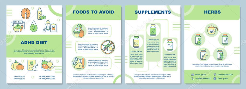 ADHD diet brochure template. Foods to avoid with attention deficit. Flyer, booklet, leaflet print, cover design with linear icons. Vector layouts for presentation, annual reports, advertisement pages