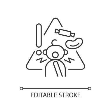 Boğulma tehlikesi olan yiyeceklerin doğrusal simgesi. Evde çocuk güvenliği. Travma ve boğulmayı önleme. İnce çizgi özelleştirilebilir illüstrasyon. Contour sembolü. Vektör izole çizim. Düzenlenebilir vuruş