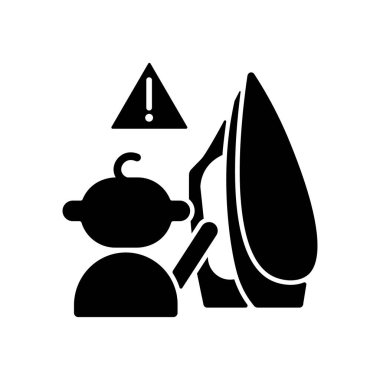 Çocuk ve sıcak demir siyah kabartma simgesi. Evde bebek güvenliği. Deri yaralanmaları, yanık önleme. Termal hasar riski var. Çocuklardan uzak dur. Beyaz uzayda siluet sembolü. Vektör izole illüstrasyonu