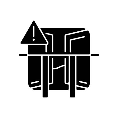 Tüm pencerelerdeki cam koruyucuları siyah sembol. Çocuk korumalı parmaklıklar. Çocuklar düşüyor ve yaralanmaları önlüyor. Evde çocuk güvenliği var. Beyaz uzayda siluet sembolü. Vektör izole illüstrasyonu