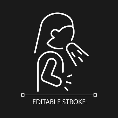 Karanlık tema için bulantı ve kusan beyaz doğrusal simge. Panik atak belirtileri. Anksiyete yüzünden aksilik. İnce çizgi özelleştirilebilir illüstrasyon. Gece modu için izole vektör kontur sembolü. Düzenlenebilir vuruş