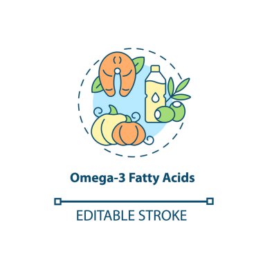 Omega 3 yağ asitleri konsepti ikonu. ADHD diyet soyut fikir ince çizgi çizimi. Sağlıklı vücutta kalmak. Gerekli yağ tüketimi. Vektör izole edilmiş dış hat renk çizimi. Düzenlenebilir vuruş