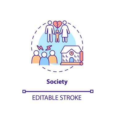 Toplum konsepti ikonu. ADHD soyut bir fikre, ince çizgi çizimine neden olur. Beyin yapısında değişiklikler. Travmatik deneyimleri olan bir çocuk. Vektör izole edilmiş dış hat renk çizimi. Düzenlenebilir vuruş