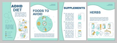 ADHD diyet broşürü. İlaçlar ve bitkiler. İyi beslenme. Broşür, broşür, broşür baskısı, doğrusal simgelerle kaplama tasarımı. Sunum için vektör düzenleri, yıllık raporlar, reklam sayfaları