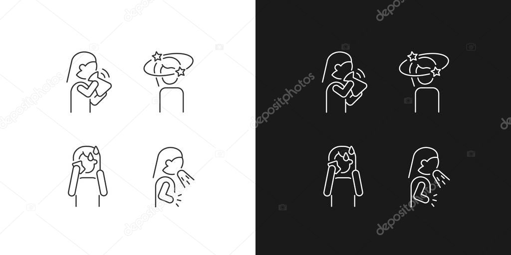 Panic disorder symptoms linear icons set for dark and light mode. Nausea and dizziness. Mental disorders. Customizable thin line symbols. Isolated vector outline illustrations. Editable stroke