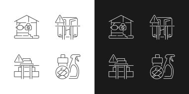 Karanlık ve aydınlık mod için ev doğrusal simgelerde güvenlik önlemi ayarlandı. Düşme ve zehirlenme önleme. Özelleştirilebilir ince çizgi sembolleri. İzole vektör çizimi çizimleri. Düzenlenebilir vuruş