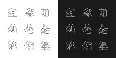 Çocuklar yaralanır. Karanlık ve aydınlık moduna göre dizilmiş doğrusal simgeler tehlikelidir. Evde çocuk güvenliği. Yaraları ve yanıkları önler. Özelleştirilebilir ince çizgi sembolleri. İzole vektör çizimi çizimleri. Düzenlenebilir vuruş
