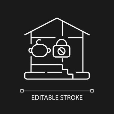 Karanlık tema için bodrum kapısının beyaz doğrusal simgesini kilitle. Çocuk güvenliği. Bebek düşmesi, travma önleme. İnce çizgi özelleştirilebilir illüstrasyon. Gece modu için izole vektör kontur sembolü. Düzenlenebilir vuruş