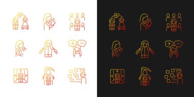 Fobiler ve semptomları karanlık ve aydınlık moduna ayarlı. Kusma ve mide bulantısı. İnce çizgili sembol demetleri. Siyah ve beyaz üzerine izole vektör ana hatları koleksiyonu