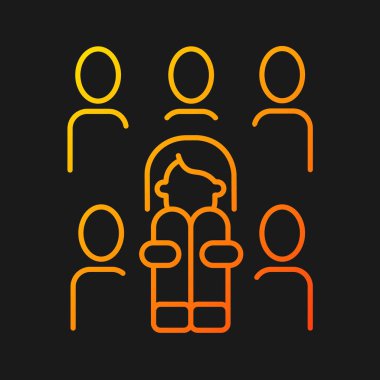 Karanlık tema için Enochlophobia gradyan vektör simgesi. Mantıksız kalabalık korkusu. Panik bozukluğu. Psikoterapi tedavisi. İnce çizgi renk sembolü. Modern tarz pictogram. Vektör izole çizimi