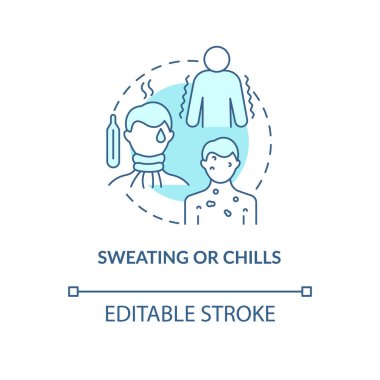 Ter ve ürperti mavi konsept ikonu. Zatürree semptomları soyut fikir ince çizgi çizimi. Enfeksiyon belirtileriyle savaşıyorum. Soğuk terler. Vektör izole edilmiş dış hat renk çizimi. Düzenlenebilir vuruş