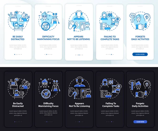 Ouppmärksammade Tecken Onboarding Mobila App Sidan Skärmen Adhd Svårigheter Att — Stock vektor