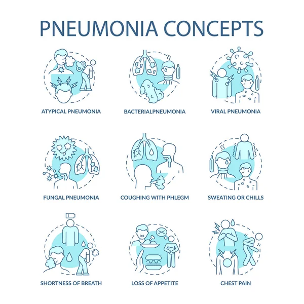 Pneumonie Modré Koncepce Ikony Nastaveny Plicní Zánět Nápad Tenké Čáry — Stockový vektor