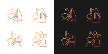 Deri, karanlık ve aydınlık mod için ayarlanmış tehlike eğilimli simgeleri yakar. Evde çocuk güvenliği. İnce çizgili sembol demetleri. Siyah ve beyaz üzerine izole vektör ana hatları koleksiyonu