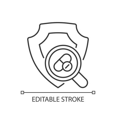 Yeni uyuşturucu lineer ikonunun güvenliği kontrol ediliyor. İlaç tepkisi değerlendirmesi. Akut zehirlenme testleri. İnce çizgi özelleştirilebilir illüstrasyon. Contour sembolü. Vektör izole çizim. Düzenlenebilir vuruş