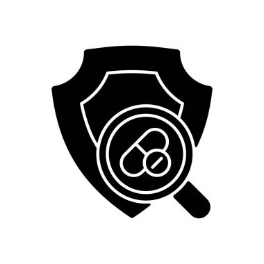 Yeni ilaçların siyah kabartma simgesinin güvenliğini kontrol ediyorum. İlaç tepkisi değerlendirmesi. Hap testi. Potansiyel ilaç geliştirme. Toksikoloji testleri. Beyaz uzayda siluet sembolü. Vektör izole illüstrasyonu