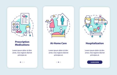 Mobil uygulama sayfa ekranında zatürree tedavisi. İlaçlar ve dinlenme 3 adım boyunca konseptlerle grafik talimatlar. UI, UX, doğrusal renk çizimleri olan GUI vektör şablonu