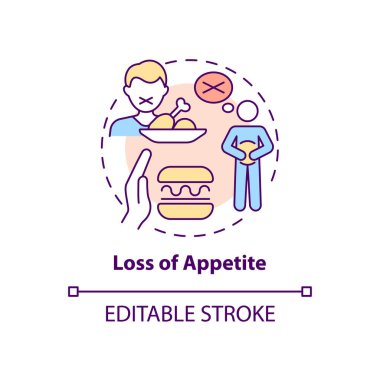 İştah kaybı konsepti ikonu. Zatürree semptomları soyut fikir ince çizgi çizimi. Mide rahatsızlığı. Anorexia nervosa. Viral enfeksiyonlar. Vektör izole edilmiş dış hat renk çizimi. Düzenlenebilir vuruş
