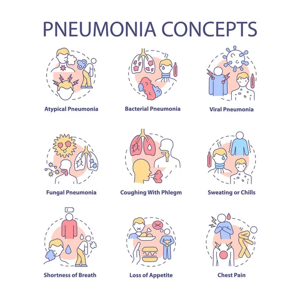 Konsep Pneumonia Menetapkan Ikon Gagasan Peradangan Pulmoner Warna Garis Tipis - Stok Vektor