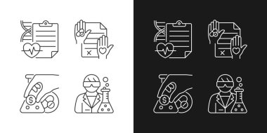 Deneysel araştırma lineer simgeleri karanlık ve aydınlık moduna ayarlandı. Klinik sonuçları ölçün. Bilgilendirilmiş rıza. Özelleştirilebilir ince çizgi sembolleri. İzole vektör çizimi çizimleri. Düzenlenebilir vuruş